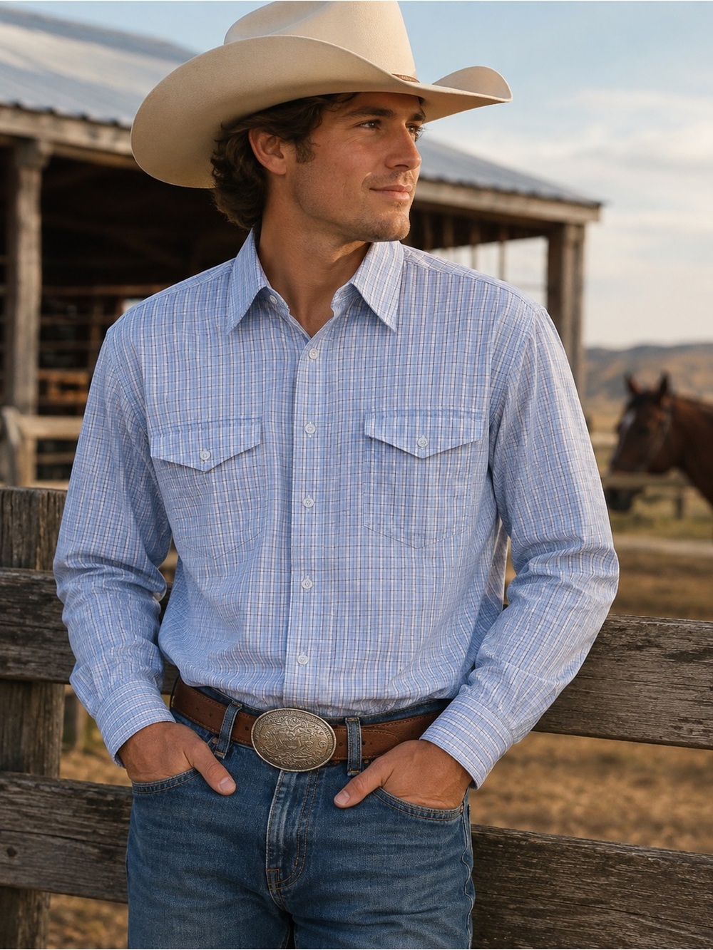 Roper Light Blue Plaid Western Button-Down Shirt